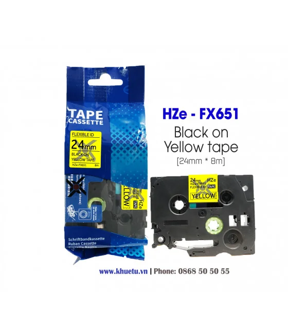 Nhãn in HZe-FX651 (TZe-FX651, TZ2-FX651), 24mm x 8m, Black on Yellow