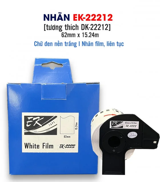 Nhãn film nhựa màu trắng EK-22212 (DK-22212), chống nước, 62mm x 15m (liên tục), tương thích DK-22212