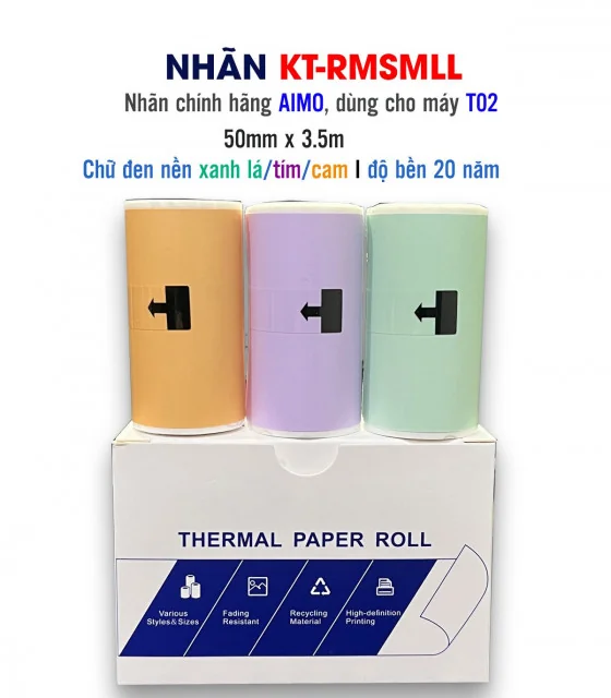 Nhãn dán xanh lá/tím/cam cho T02, độ bền 20 năm, 50mm x 3.5m, KT-RMSMLL chính hãng AIMO