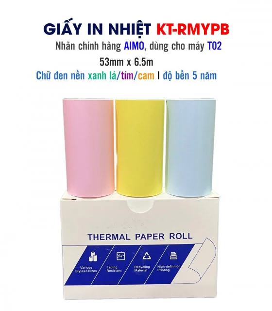 Giấy nhiệt vàng/hồng/xanh cho T02, độ bền 5 năm, 53mm x 6.5m, KT-RMYPB chính hãng AIMO