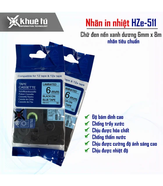 Nhãn in HZe-511 (TZe-511, TZ2-511), 6mm x 8m, Black on Blue