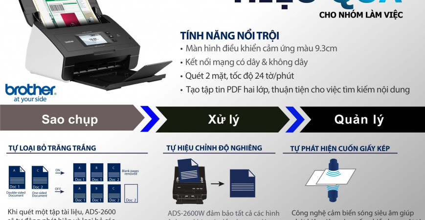 ADS-2600W - Máy scan mạng hỗ trợ Wifi giúp chia sẻ tài liệu dễ dàng 